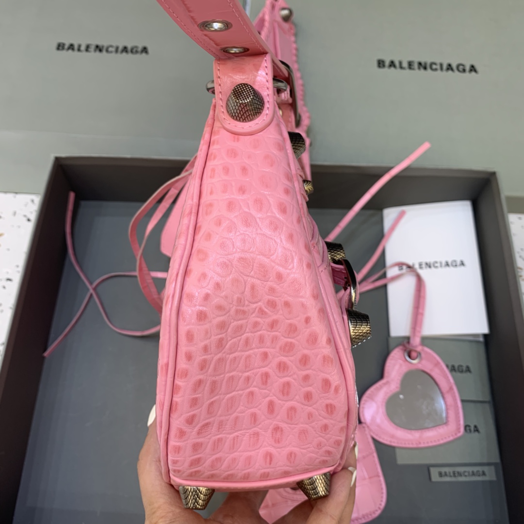 Balenciaga Le Cagole Small Shoulder Bag Crocodile Embossed Pink